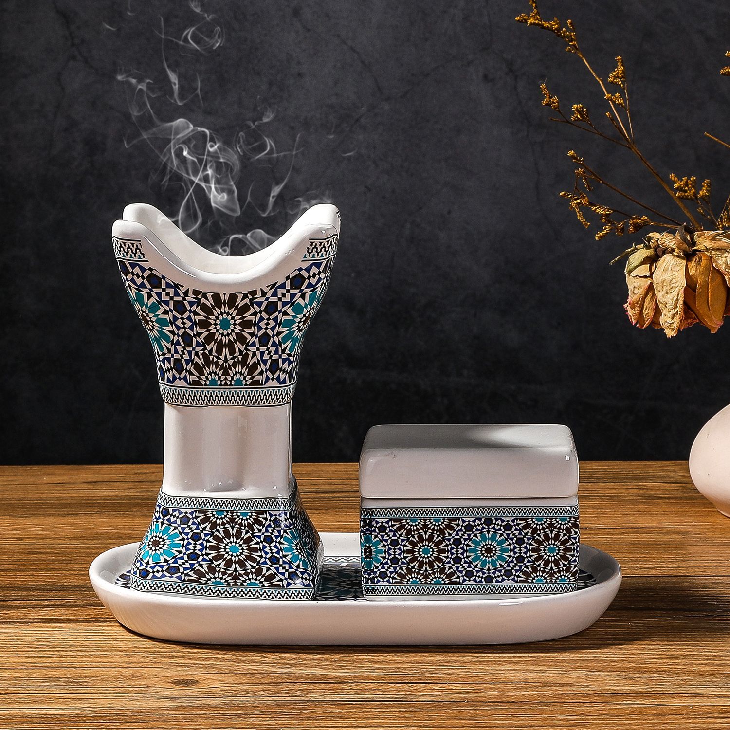 Incense Holder - 아랍 세라믹 프린트 사각형 향로 세트