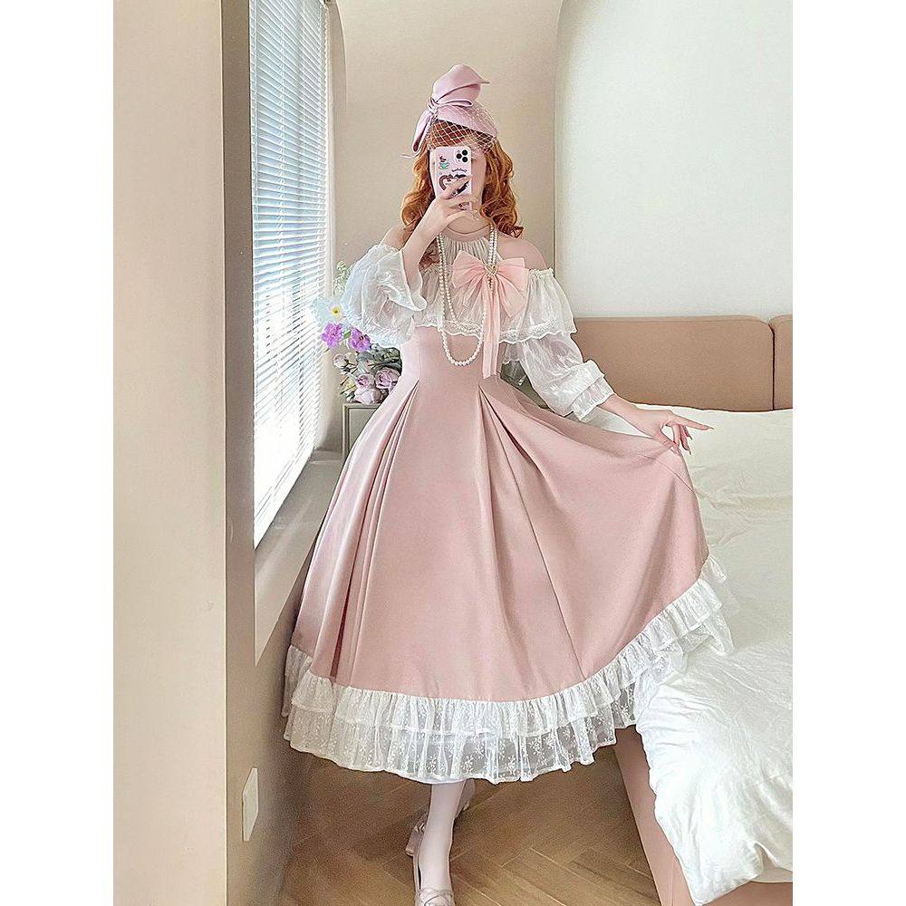일본 클래식 로리타 오프숄더 핑크 레이스 맥시 드레스  - Japanese Tea 리뷰 및 가격